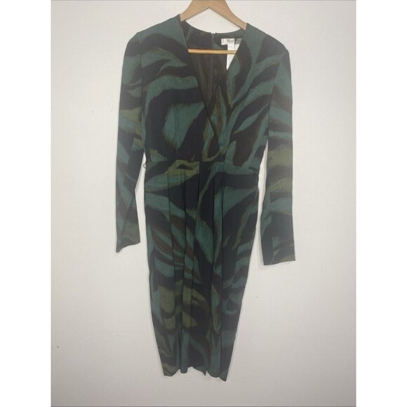 Max Mara Sheath Dress Green Black Animal Print V Neck Midi Size 42 US 10 NEW - Picture 1 of 10